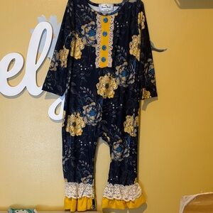 Yellow Floral Kids Romper with Lace Trim